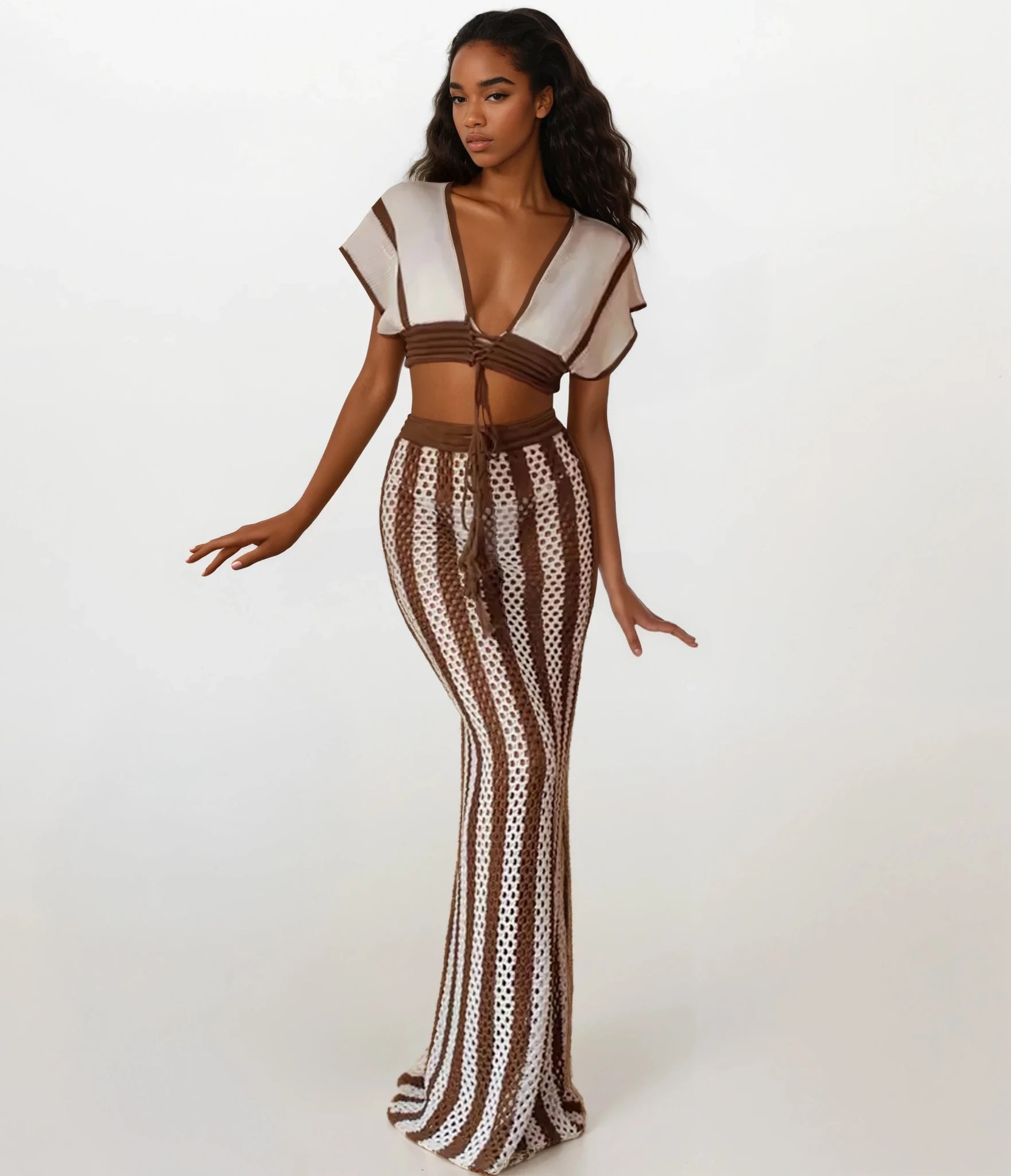 Two Piece Crochet Beach Set Brown White