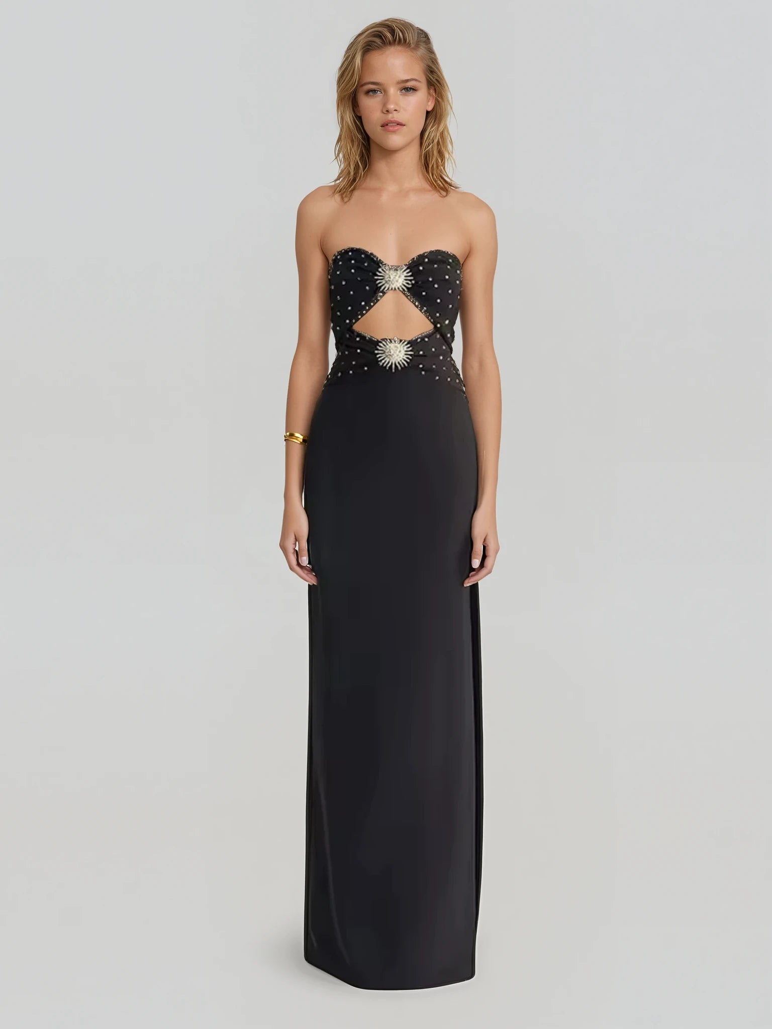 Crystal Cut Out Strapless Gown
