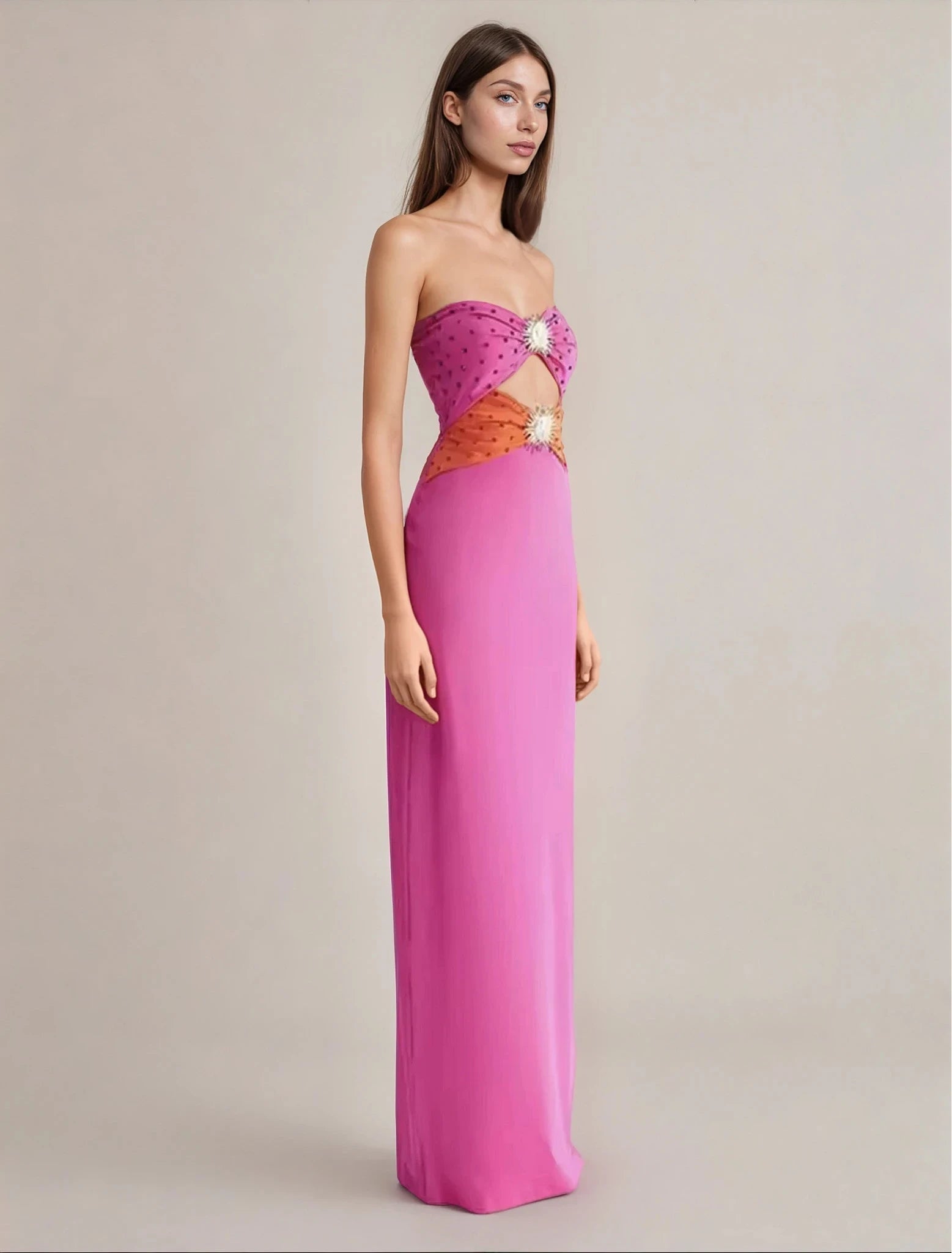 Crystal Cut Out Strapless Gown