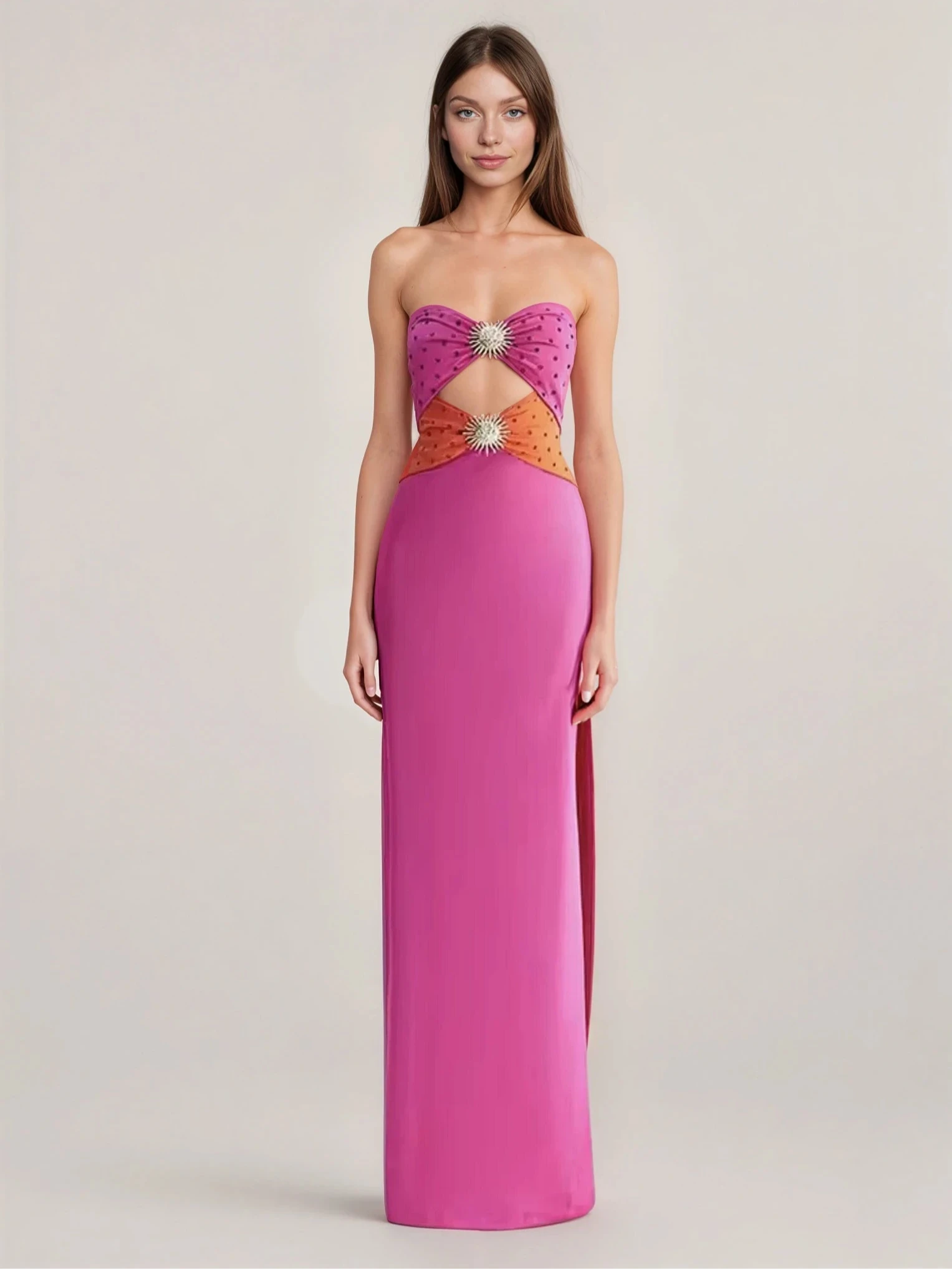 Crystal Cut Out Strapless Gown
