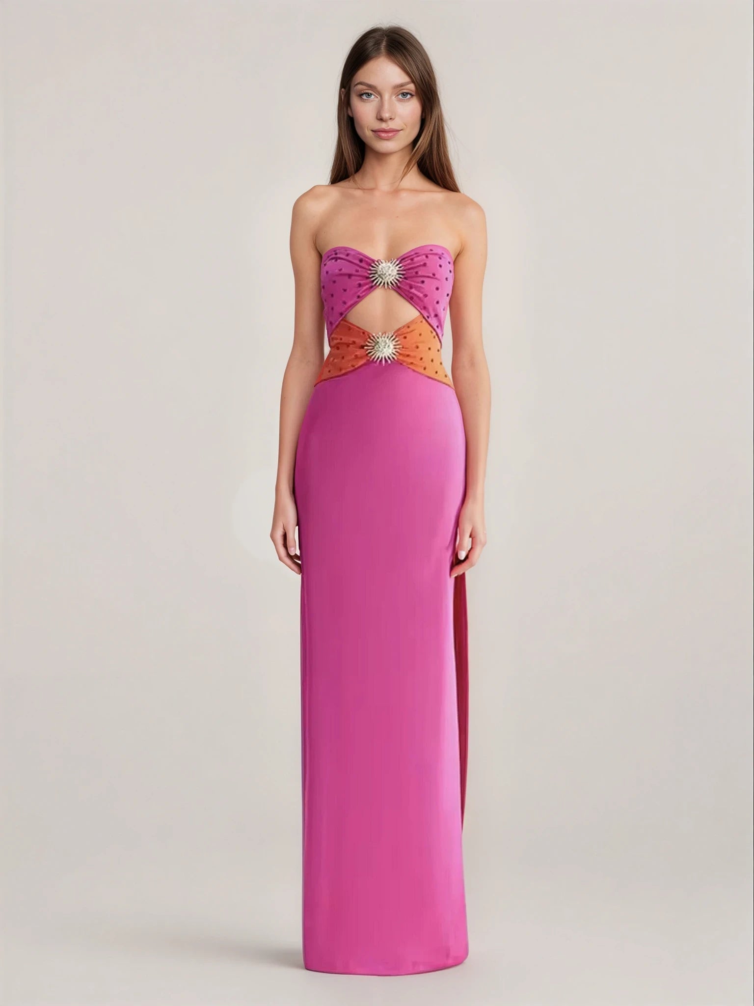 Crystal Cut Out Strapless Gown