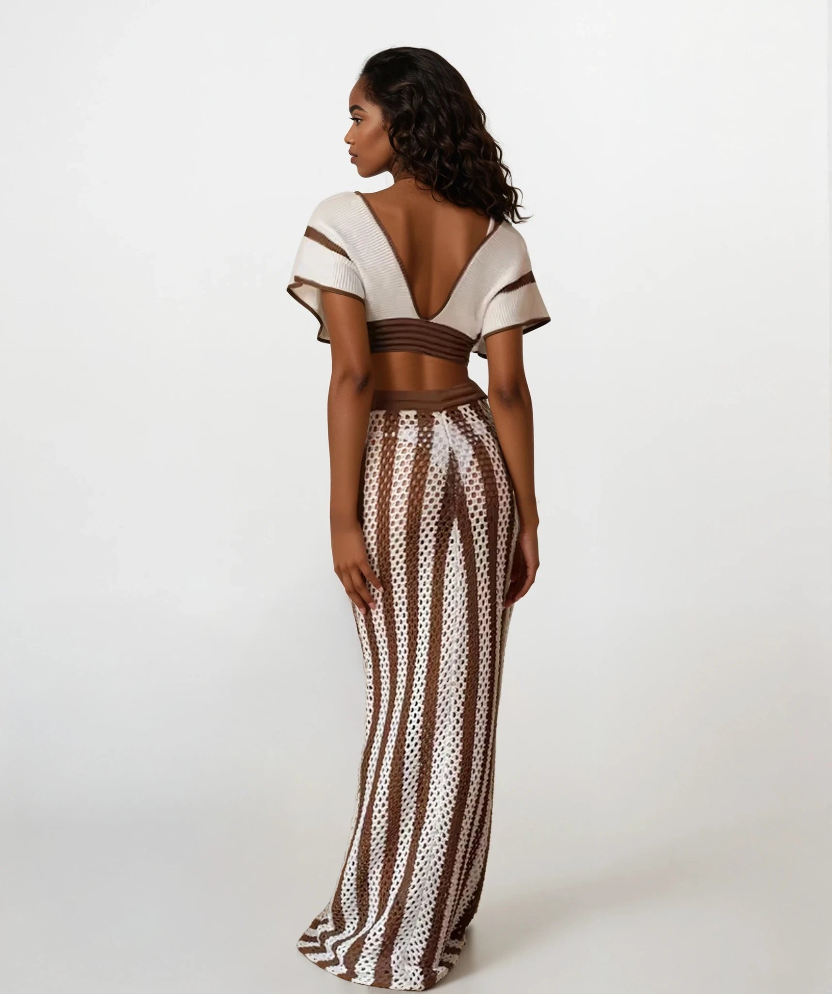 Two Piece Crochet Beach Set Brown White