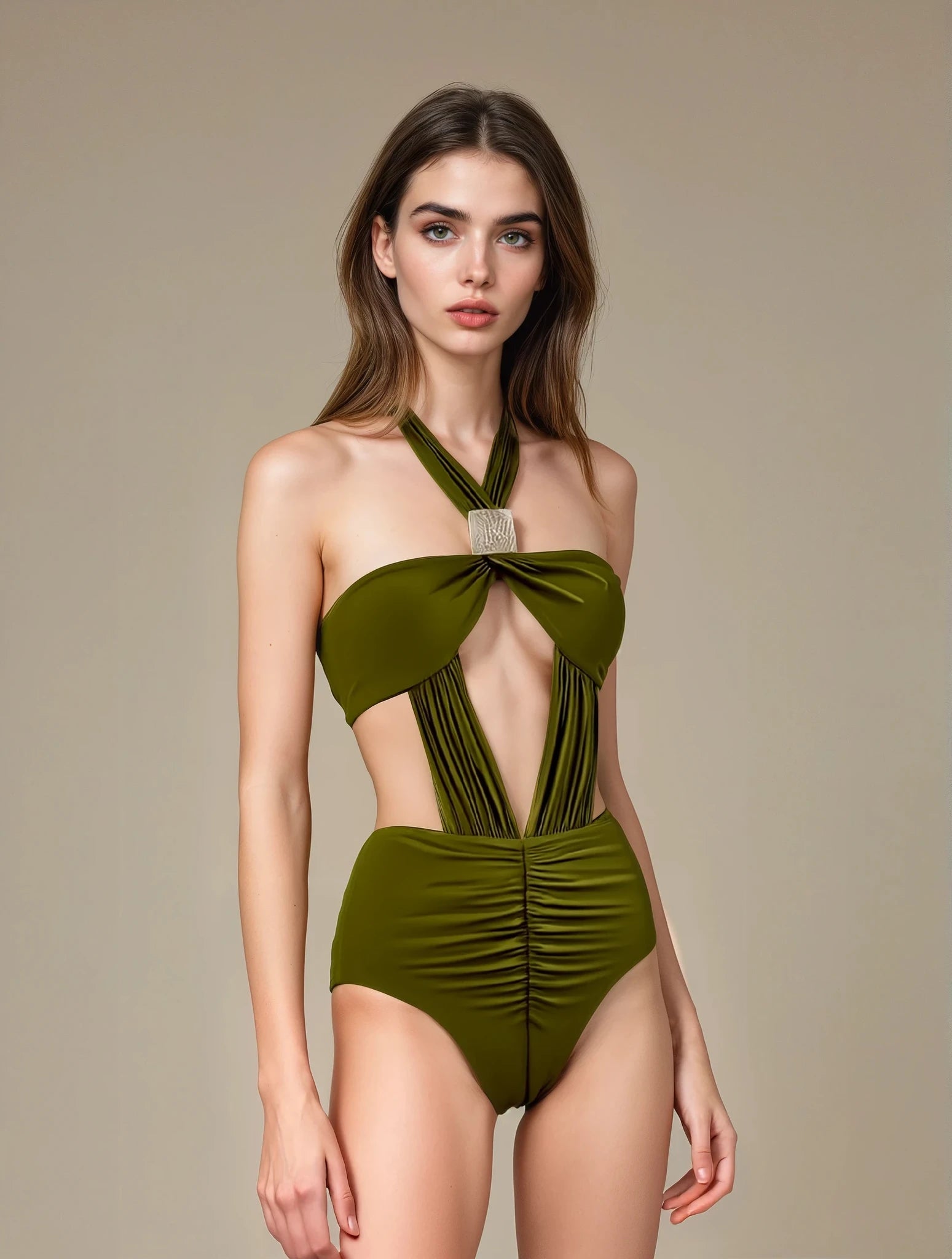 Olive Green Cut Out One Piece Swimsuit