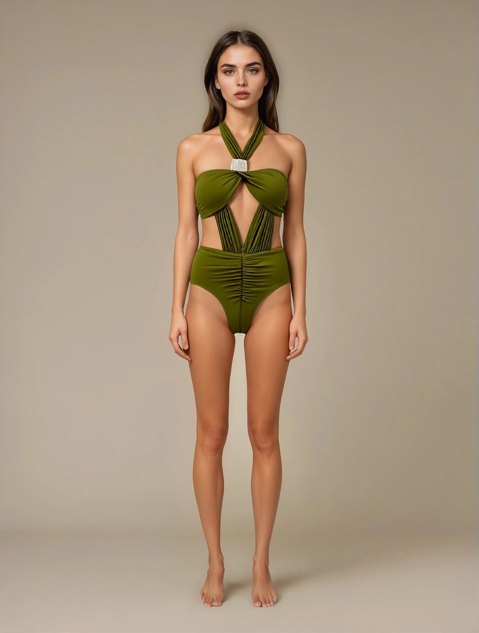 Olive Green Cut Out One Piece Swimsuit
